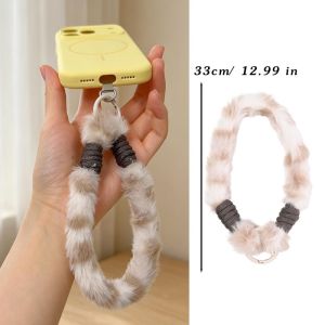 Trendy Leopard-print Plush Mobile Phone Lanyard Short Wrist Strap Portable Anti-Loss Keyring Soft Carry Strap Chain Pendant