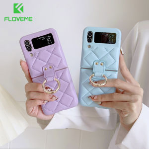 FLOVEME Luxury Plaid Pattern Leather Phone Case For Samsung Galaxy Z Flip 4 Flip 3 5G With Finger Ring Hinge Anti-drop Shockproof Back Cover For Galaxy Z Flip 4 Flip 3