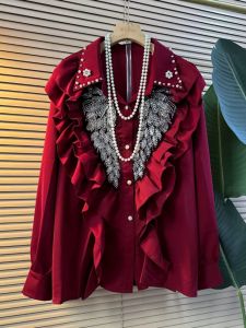 plus Size Womens Shirt Long Sleeve Flounce Shoulder Pearl Embellished Collar Straight Cut Cotton Polyester Autumn Top