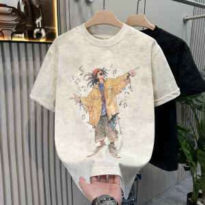 เสื้อยืดแขนสั้นหลวมสไตล์อเมริกันสำหรับผู้ชาย ทรงหลวม ลายการ์ตูน ผ้าฝ้ายผสมโพลีเอสเตอร์ ระบายอากาศได้ดี ฤดูร้อน 2025