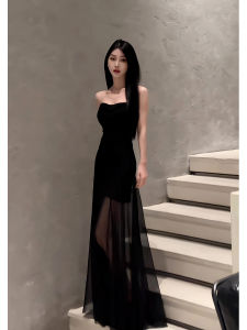 Váy Lưới Bó Sát Màu Đen Gợi Cảm Mùa Hè Mới Pure Desire Váy Midi Không Tay Cổ Chữ Một Cho Nữ