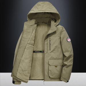 Thickened Fleece Mens Autumn Winter Anti-wind Workwear Jacket Loose Large Size Sport Casual Waterproof Coat Zipper Closure Long Sleeve