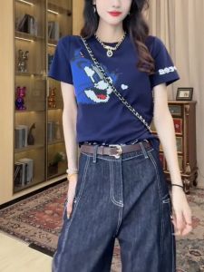 Fashionable Short Sleeve Flocking Printing T-Shirt Womens Summer New Style Versatile Slimming Shoulder Level Top