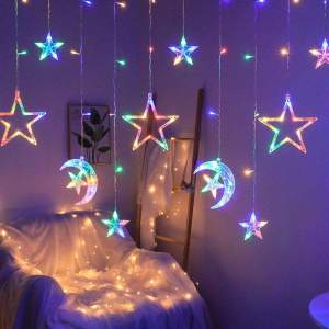 Waterproof Moon Star Curtain Lights Lampu Raya Outdoor String Lights Bed Decoration Curtain Light Fairy Lights
