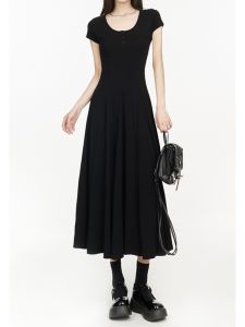 Black Hepburn Style U-Neck Short Sleeve A-Line Dress Womens Summer Korean Version Small Size High Waist Slim Long Dress