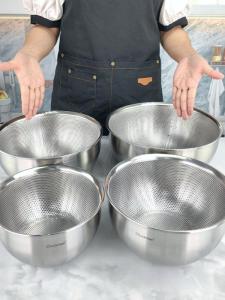 Chockmen 18/10 Stainless Steel Sink Drainer 4-Piece Set Rice Washing Basin Cooking Basin Strainer Metal Chinese Style Dining Utensils