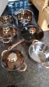 Bộ nồi Đức 5 đáy Yimeitai / Engelberg 6 món lắp hợp kim vàng - dùng cho mọi loại bếp điện bếp từ bếp ga có nấp kính giữ nhiệt cực tốt ẢNH THẬT