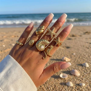 Exaggerated Chunky Shell Starfish Ring Set for Women Oversized Pearl Rhinestone Finger Ring Ocean Summer Beach Vacation Jewelry