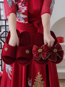 Wedding Slippers Thick Sole Womens Wedding Shoes Newlyweds Couple Festive a Pair in Red Indoor Home Summer Accessible Luxury Wedding Shoes