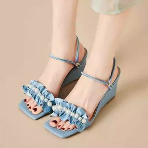 Fairy Style Ruffle Pearl Two-Wear Wedge Sandals Plus Size High Heel Open Toe Straight Fashion Sandals