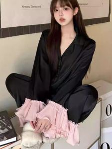 Bộ Đồ Ngủ Lụa Băng Dài Tay Quần Dài Cho Nữ Mùa Xuân Thu Màu Đen Ngọt Ngào Cao Cấp Sang Trọng Bộ Đồ Mặc Nhà