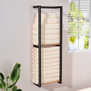 2 Tier Wall Mounted Towel Storage Rack with Wooden Shelves Towels Bathroom Shelf Holder Square Modern Towel Rack for Rolled Towels for Bathroom Kitchen Easy to Install