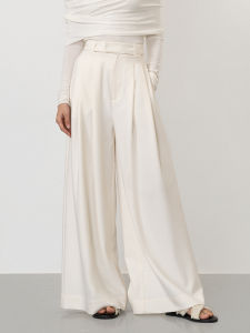 High Waist Drapey Wide Leg Pants Womens Double Waist Design Casual Trousers Spring 2025 New Style Polyester Cotton Blend