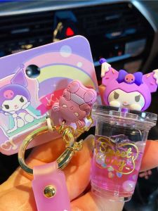 Sanrio Sweet Oil Flowing Sand Bottle Milk Tea Cup Girl Delicate Bookbag Small Hanging Ornament Creative Gift Keychain PVC Acrylic Material