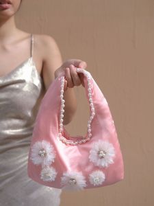 Handwoven Chinese Style Silk Satin Tote Bag with Pearl Flower Design Underarm Handbag for Women Elegant Summer Party Bag