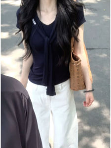 YUEZHONGWEI | Slim Fit Blue T-Shirt Womens Short Sleeve V-Neck Summer New Style Commute Style Korean Version Pure Color Navy Collar Design