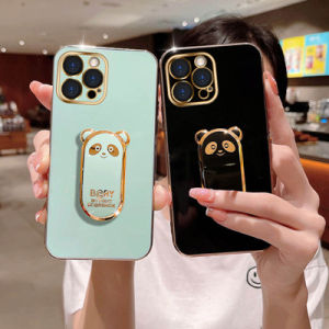Hontinga Casing Case For Samsung Galaxy Note 20 Ultra 5G 4G S20 Ultra S20 Plus S20 FE Note20 Case With Panda Folding Bracket Stand Fashion Solid Color Luxury Chrome Soft TPU Square Phone Case Full Cover Camera Rubber Case