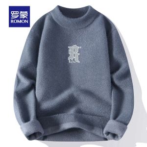 ROMON | Lormen Mens Knitted Sweater Round Neck Thickened Warm Casual Fashion Winter Leisure Inner Wear Base Shirt Trendy Line Shirt