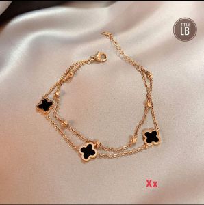 RinaXp- Gelang Clover Rantai 2Layer Bunga Hitam dan Rantai Jedar Titanium Anti Karat Fashion Jewellry Korea