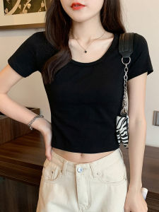 Womens Short Black Crop Top T-Shirt High Waist Crop Round Neck Slim Fit