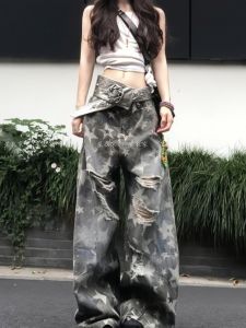 American Style Loose Womens Jeans High Waist Vintage Effect Long Pants Star Print Casual Lazy Style Floor-Length Trousers