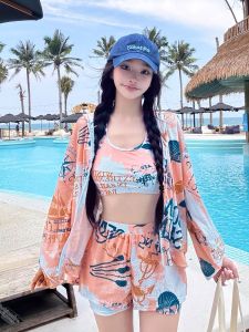 MIMIBABI | Hooded Conservative Slim-fit Large Size Long-sleeved Three-piece Swimwear Set