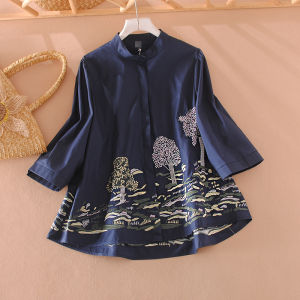 Elegant Embroidered Loose Fit Shirt Stand Collar 3/4 Sleeve Vintage Style Womens Top Cotton Blend Comfortable Spring Autumn