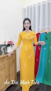 Áo Dài Lụa Mỹ Cao Cấp Họa Tiết Đính Kết Thủ Công Tỉ Mỉ - Mã C39-4 Màu Vàng