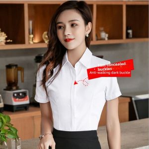 White Shirt Womens Formal Short Sleeve Turn-down Collar Spring Summer Slim Fit Business Professional Large Size Button-up Cotton