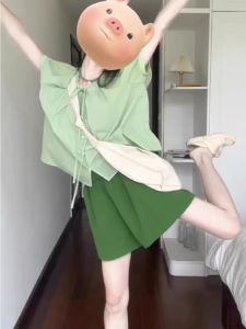 Fashionable Womens Two-Piece Set: High-End Casual Clothes Short Sleeves Button-Up Crewneck Top with Wide-Leg Shorts