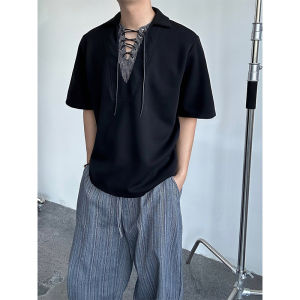 Áo Thun Nam Tay Ngắn Mùa Hè 2025 Phong Cách Hàn Quốc Cổ Chữ V Thắt Nút Giản Dị Thời Trang Thường Ngày Mùa Hè Tay Ngắn