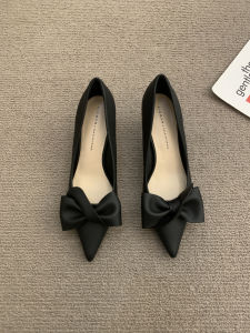 Elegant French Pointed Toe High Heels Soft Leather Thin Heel Womens Shoes Butterfly Knot Party Shoes Fashionable Spring New Arrival