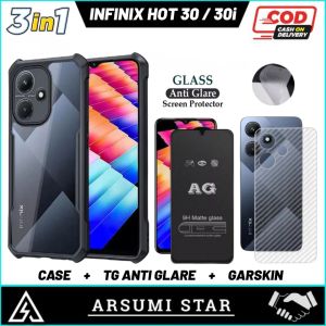 Promo Paket Murah 3in1 Case INFINIX HOT 30 / HOT 30i Series Hardcase Armor Tpu Shookprof Transparans Casing Bonus Anti Gores Ceramic Matte Anti Spy +  Skin Carbon 3D