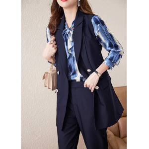 ชุดสูทฤดูใบไม้ร่วงสำหรับผู้หญิงไซส์ใหญ่ ชุดแฟชั่น 3 ชิ้น เสื้อกั๊ก เสื้อเชิ้ต กางเกงขายาว แขนยาว สไตล์เกาหลี ทรงหลวม