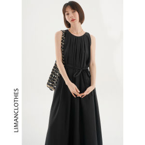Summer Stylish Loose Slimming Tied Pleated Round Collar Black Sleeveless Vest Dress