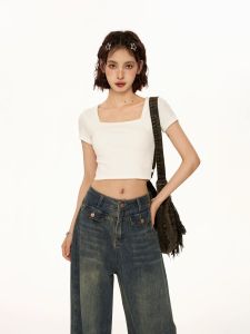 Áo Thun Nữ Ôm Vừa Vặn Cổ Vuông Tay Ngắn Màu Đen Mùa Hè Ôm Sát Eo Cao Hở Bụng Áo Ngắn Cổ Cao Tay Ngắn Phong Cách Đường Phố