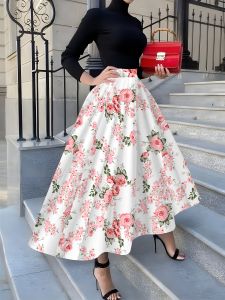 Printed Design Spring and Summer collection Pink Roses On White Background vacation style womens half skirt