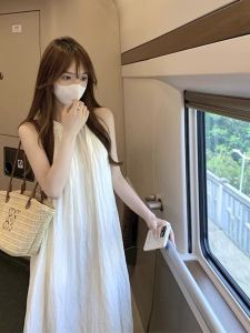 French Gentle Style Beach Vacation Long Sleeve Hanging Neck Dress Women Summer Slim A-Line Beach Skirt Single Piece Spring Summer Autumn