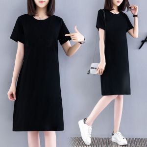 Váy T-shirt Tay Ngắn Mùa Hè 2025 Cho Nữ Dáng Rộng Thoải Mái Thiết Kế Dài Vừa Phải Phong Cách Hàn Quốc Màu Trơn