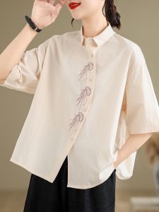 Export Tail Single Cabinet Womens Clothing Plus Size Loose Fashion Shirt Embroider Asymmetrical Short Sleeve Japanese Style All-Matching Shirt Fashion