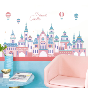 Decal giấy dán tường Lâu đài công chúa màu hồng pastel có keo sẵn - Trang trí không gian cho bé