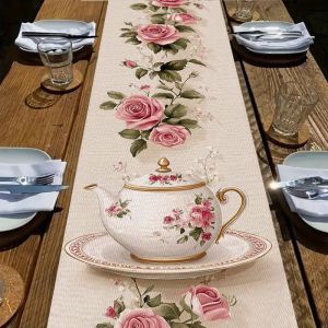 Pink Rose Flower Style Linen Table Runner for Tea Party Garden Picnic Kitchen Decorative Tablecloth Accessory