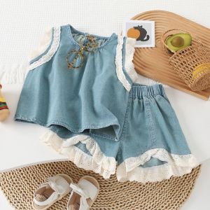เด็กผู้หญิง หวาน หลวม ลำลอง ยีนส์ รัฟเฟิล ชุดสองชิ้น สไตล์เกาหลี เสื้อกั๊ก กางเกงขาสั้น Combo ฤดูร้อน อินเทรนด์ Ins โพลีเอสเตอร์ ผ้าฝ้าย Blend