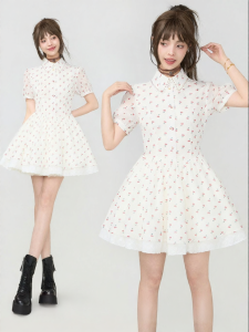KEIKO | Cherry Flower Print Lace Splicing White Princess Dress