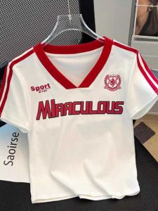 Slim Fit Short Sleeve V-Neck T-Shirt Womens Summer 2024 New Style Commute Korean Version Cotton Printed Top Half Sleeve