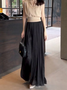 Elegant Black Long Folded Hem Pants Skirt Womens High Waist Slimming Wide Leg Pants Autumn New Fashion Floor-Length Pants