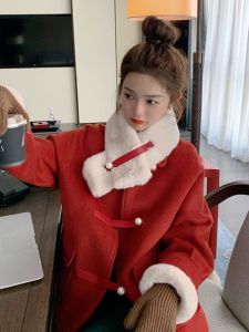 คริสมาสสีแดง หนาขึ้น สั้น ขนสัตว์ เสื้อโค้ท ผู้หญิง แฟชั่น 2023 ฤดูใบไม้ร่วง ฤดูหนาว สินค้าใหม่มาใหม่ ขนาดเล็ก ผ้าทวีด เสื้อแจ็คเก็ต ปกโปโล ปุ่มเดียว