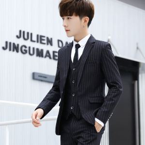 Mens Suit Set Three-Piece Suit Silm Suit Business Student Casual Stripes Groom Wedding Suit Trendy Outwear