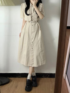 ชุดเดรสคอโปโลแขนสั้นสไตล์ฝรั่งเศส ชุดเดรสฤดูร้อน 2025 สำหรับผู้หญิง ชุดเดรสยาวทรงเอเอวสูง ผ้าฝ้ายผสมโพลีเอสเตอร์