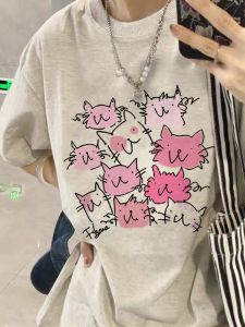 Pure Cotton American Style Oversize Short Sleeve T-Shirt Womens New Design Sensation Small Cartoon Upper Body Summer Fashion